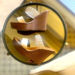 Gold & Brown Two Strap Wedges in Size 9